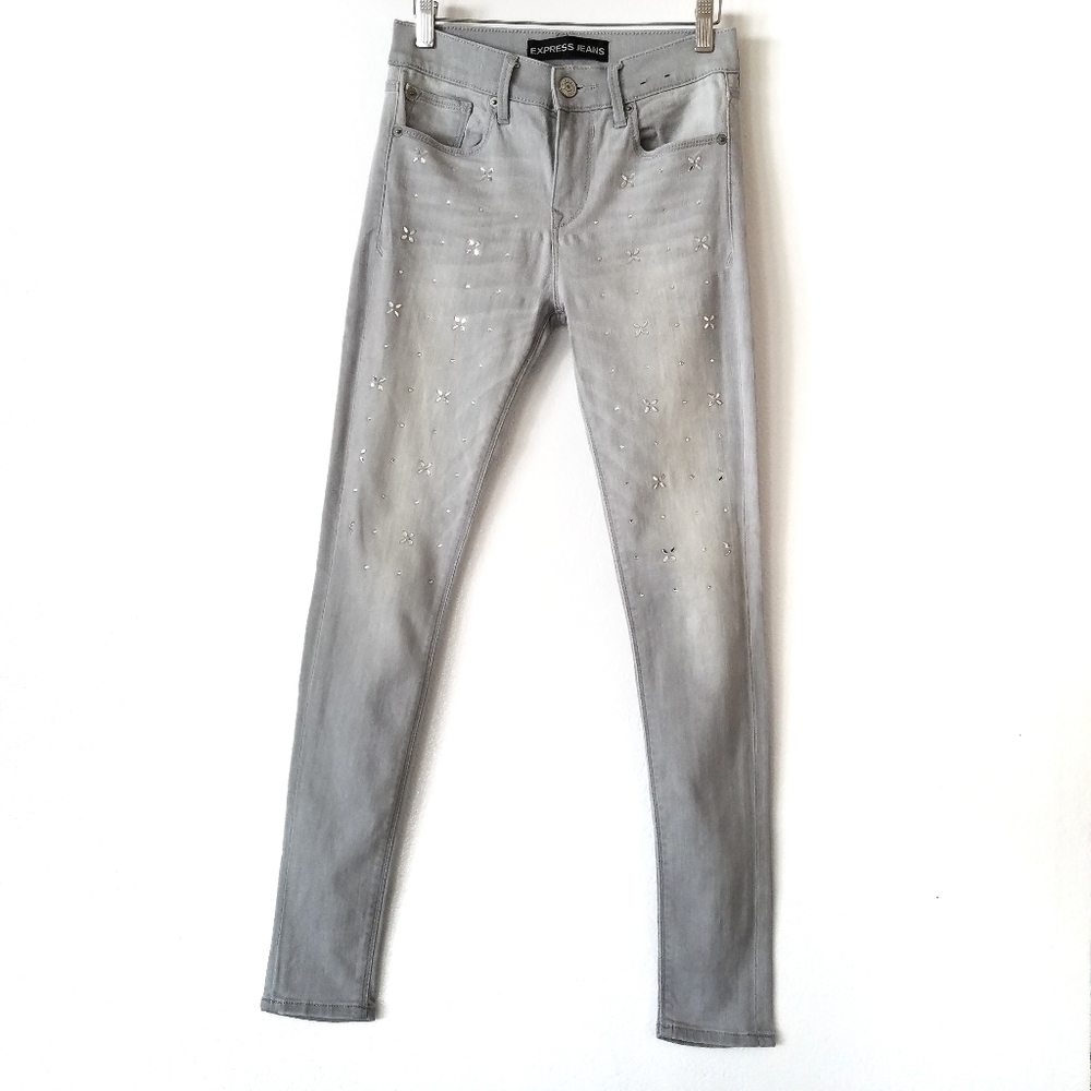 Express rhinestone embellished legging mid rise jeans skinny gray